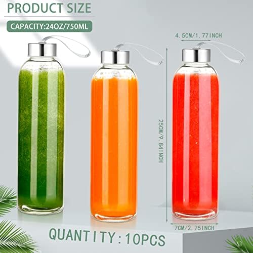 Eccliy 10 pacote de 24 onças Garrafas de água de vidro conjuntos com tampas de aço inoxidável e mangas reutilizáveis ​​garrafas