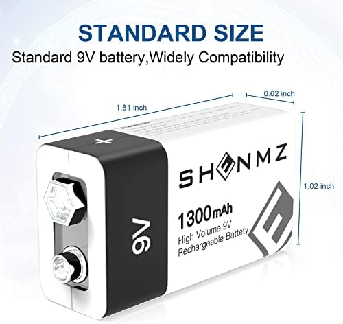 Baterias de 9V recarregáveis ​​de Shenmz, bateria de 9V 9Volt 1300mAh duradouros para todos os fins com 2-in1 Cabo