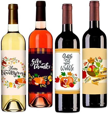 HOHOMARK 4 PCS Wine Bottle Rótulo Adesivo de Ação de Graças Decorações de garrafas de vinho - Gobble até você balançar,