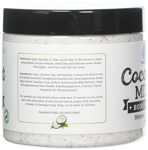 Esfoliação corporal de leite de coco persegue 14 onças, com sal marinho morto, óleo de amêndoa e vitamina E para todo o tipo