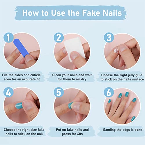 Pressione as unhas quadradas curtas, flores azuis em gel macio unhas falsas para mulheres adequadas e naturais, unhas reutilizáveis