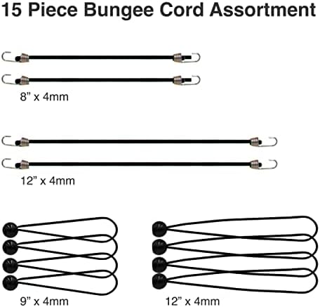 Variedade de cordão de bungee de 15 peças com bungees pesados, seguros, flexíveis e à prova de intempéries, ganchos de metal e laços