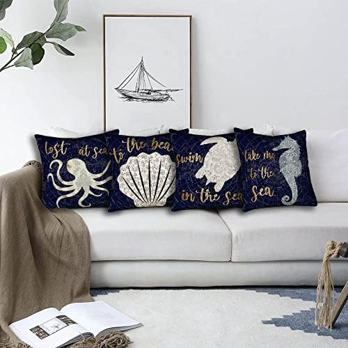 Asamour Vintage Navy Ocean Beach tem temas de travesseiro de travesseiro de 24x24 polegadas de 4 estilo mediterrâneo