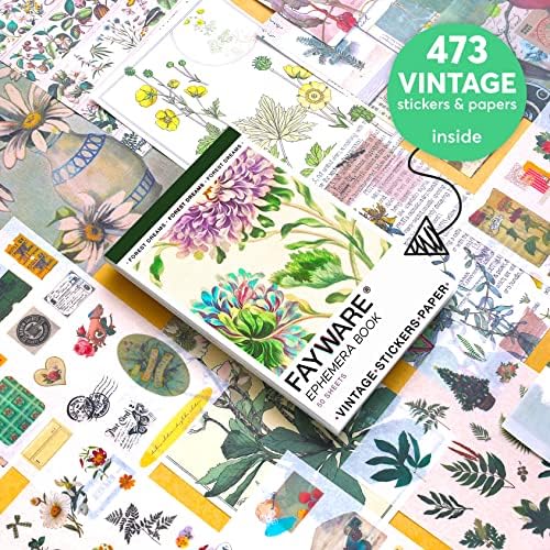 Fayware Ephemera Sticker Books para diário com 867 adesivos vintage e 40 papéis de scrapbook - pacote vintage e botânico.
