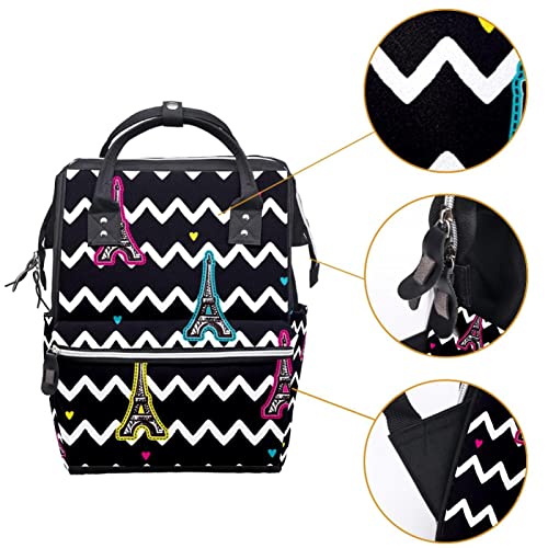 EIFFEL TOWER Black White Wave Stripes Bolsas de fraldas Backpack Mummy Backpack de grande capacidade Bolsa de enfermagem