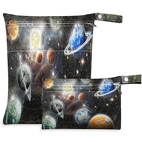 VISESUNNY SPACE Planet Star 2pcs Bolsa úmida com bolsos com zíper Saco de fraldas espaçosas reutilizáveis ​​para viajar,