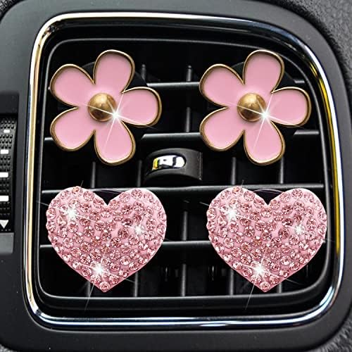 Bling Heart & Daisy Air Vent clipes, 4 PCs Pink Heart & Flower Car Carro Air Scowners Clipes de ventilação Difusor Clipe