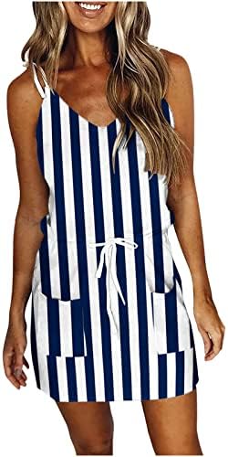 Vestidos listrados de verão feminino casual v pescoço mini -tanque vestido mangas praia férias de férias com bolsos