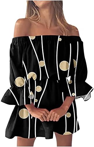 Feminina 2023 Impressão floral de verão fora do ombro Dress Vestido elástico cintura boho plissado mini vestidos casuais