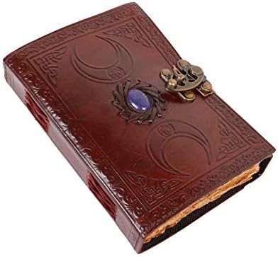 Revista de couro vintage semi preciosos de bruxa Triple Moon Design-Lock Clock, 200 Antigo Deckle Edge Blank Paper-Book
