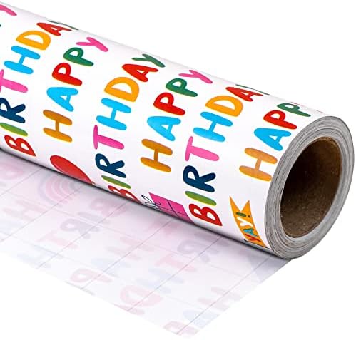 Rolo de papel de embrulho de aniversário da WrapAholic - Lettering de feliz aniversário e design de caixa de presente para aniversário,