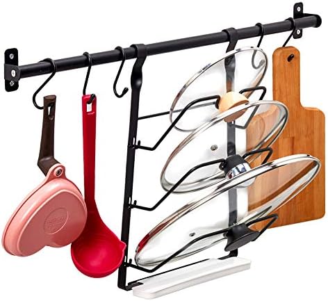 EZARARE PENAGENDO POT POT Organizador do rack com conjunto de drenagem, inclui haste de trilho de parede de 23,6 polegadas de parede de cozinha com ganchos de 5 s para utensílios de utensílios panelas - preto