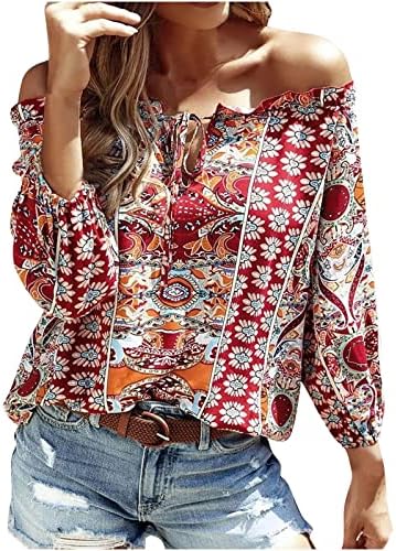 Blusa de ombro de travamento para feminino Boho Tribal Print Lantern Sleeves Camise