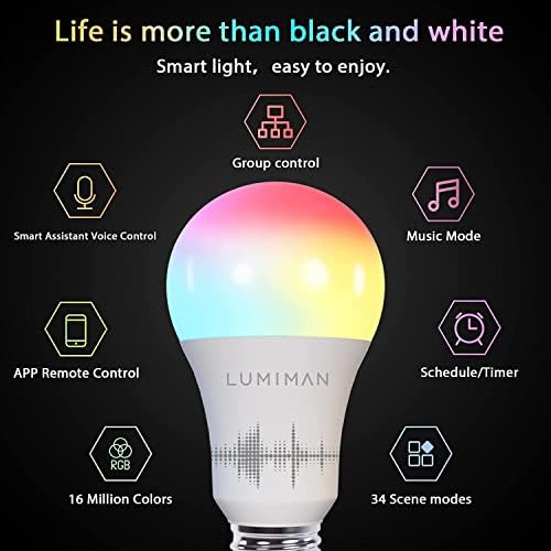 Lâmpadas inteligentes de Lumiman, 4 pacotes, lâmpadas LED RGBCW, compatíveis com Alexa e Google Assistant, 7,5W 800lm, lâmpada