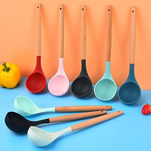 Utensílios de silicone Silicone Ramen Lada de sopa Colher: colher artesanal de cozinha com alça de madeira