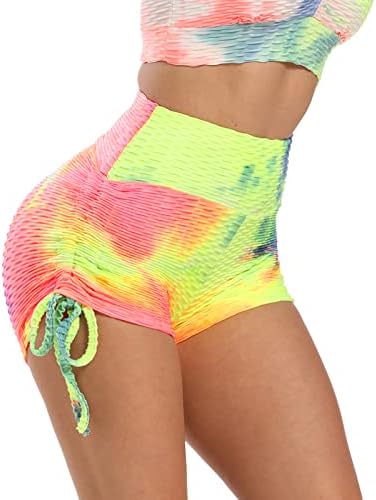 Shorts de ioga de gdjgta para mulheres altas cintura tie-dye bolhas drawstring shorts esportes de fitness ioga de três