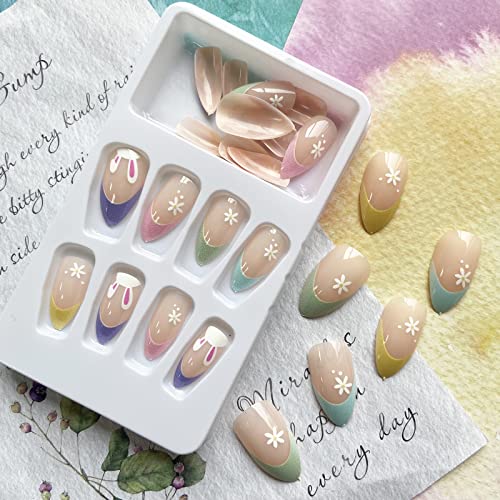 Dica francesa Pressione as unhas Páscoa Falsa Unhas de amêndoa unhas falsas unhas de acrílico de coelho com designs de flores capa