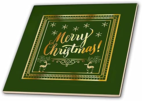 Imagem 3drose de Feliz Natal, rena e flocos de neve, ouro em azulejos verdes