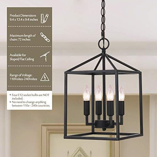 CERDECO 37940BK Lanterna de vestíbulo vintage, luz pendente de 4 luzes, preto fosco [UL listado]