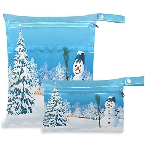 VISESUNNY Natal Feliz boneco de neve e árvore 2pcs bolsa molhada com bolsos com zíper bolsa de fraldas salateadas reutilizáveis