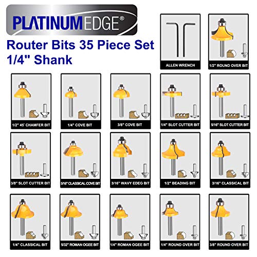 Conjunto de bits de roteador de platinumedge, bits de roteador de carboneto de tungstênio Conjunto de 1/4 haste, kit de bits do