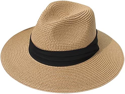 Horce Horce Womens masculino largo palha de palha panamá fivela chapéu fedora praia chapéu fino trança upf50+ Para ambas as mulheres