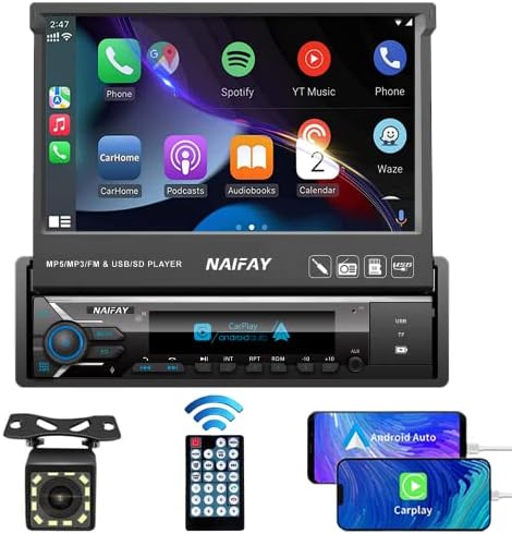 Estéreo de carro sensível ao toque DIN com maçã com Apple CarPlay e Android Auto, estéreo de carro de tela de 7 polegadas com receptor de áudio de carro dobrável Bluetooth com link de espelho de câmera de backup/fm/usb/aux/tf