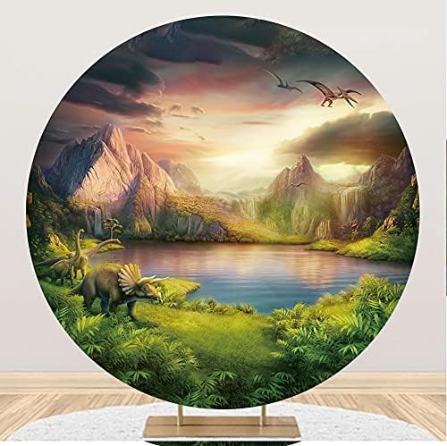 Yeele 7x7ft dinossauros tema redonda de cenário redonda Epoch Jurássico Montanhas florestais Trees Lake Arqueologia Presascografia